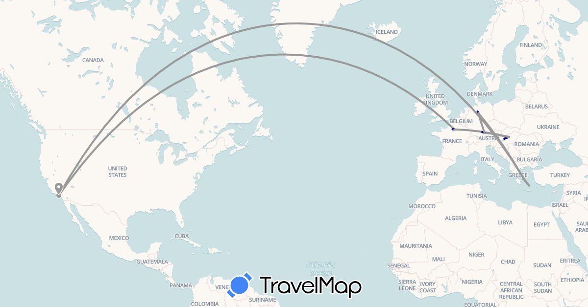 TravelMap itinerary: driving, bus, plane, hiking in Germany, France, Greece, Hungary, United States (Europe, North America)